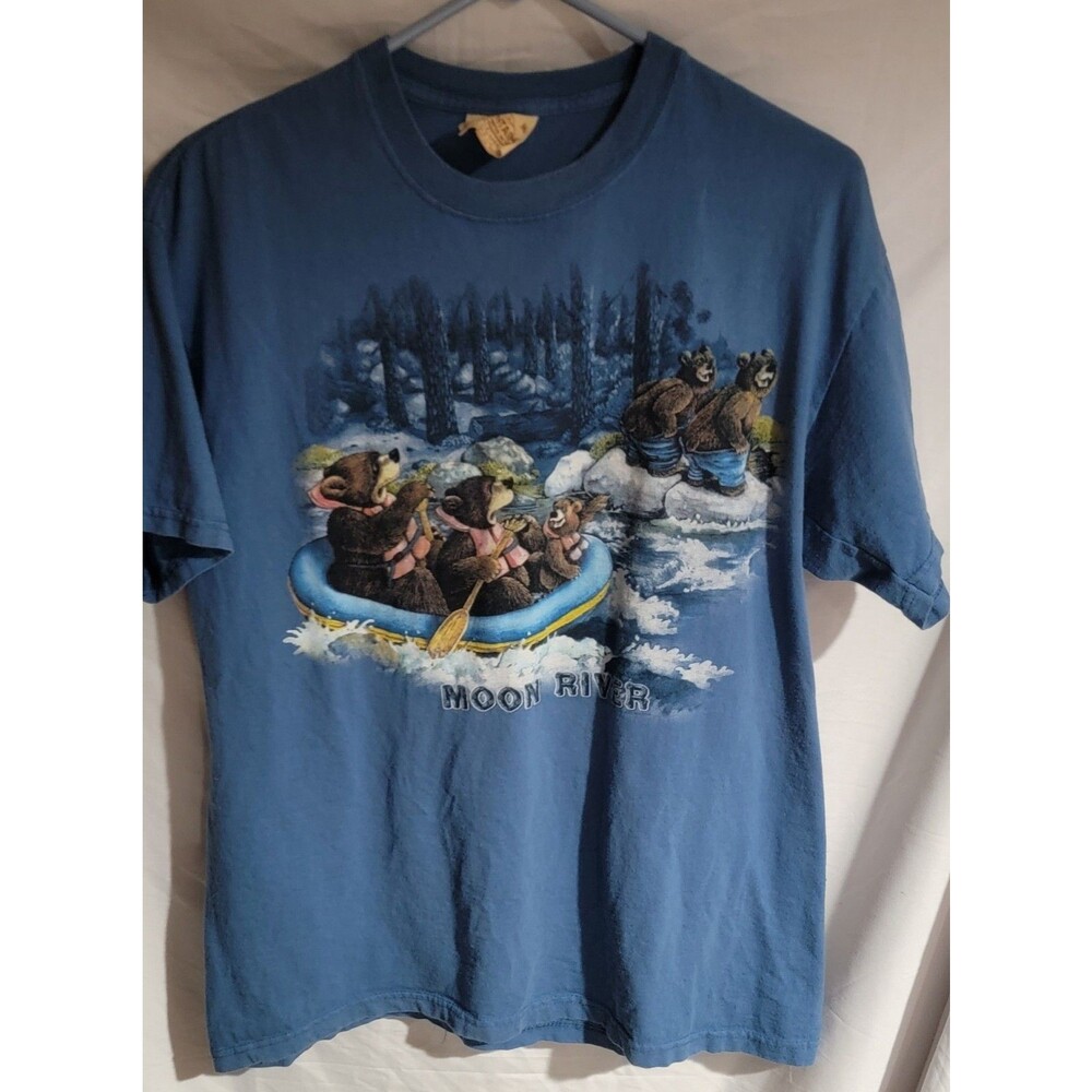 2000 The Mountain Moon River Bear Size Large Funny Humor Blue Shirt VTG Made USA